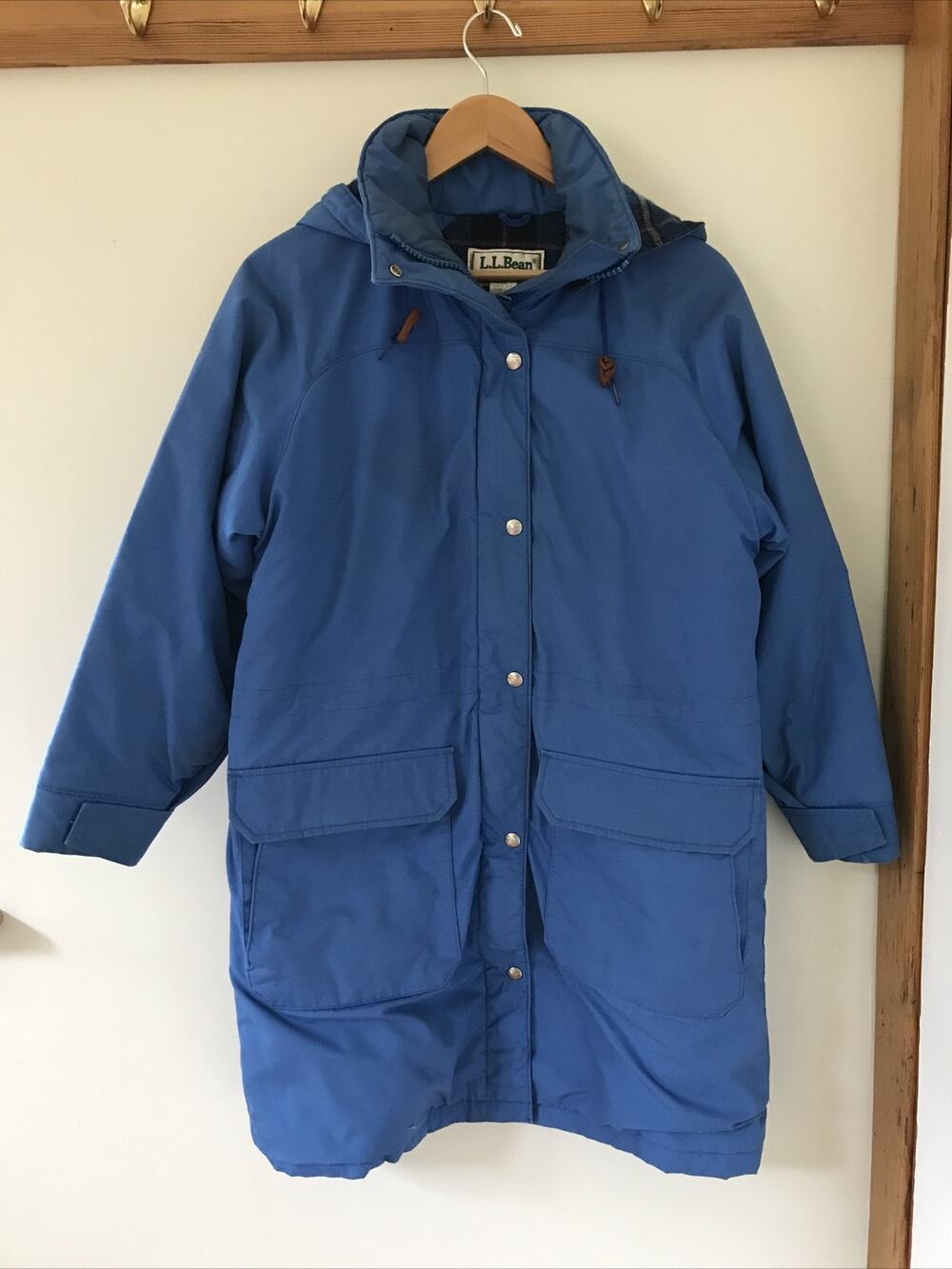 Vtg 80s LL Bean Wool Lined Blue Nylon Cotton Zip Up Winter Coat Hood S 42" USA